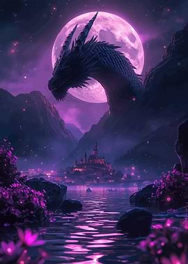 Dragon over castle night