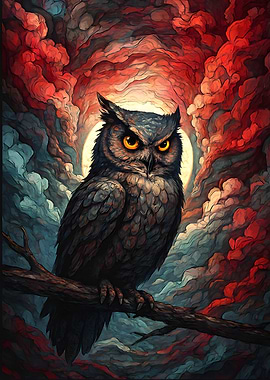 Owl Perched on Branch with Moon
