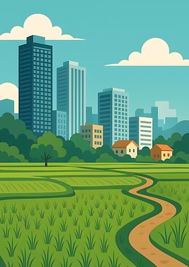 Cityscape with Rice Field