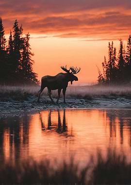 Moose at Sunset Reflection Nature