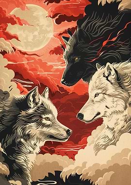 Three Wolves Under a Red Moon