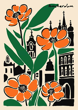 Amsterdam Flowers and Buildings Illustration