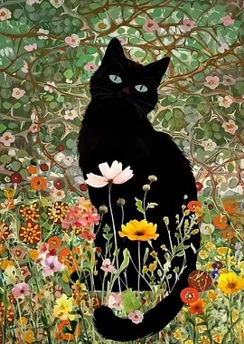 Black Cat in Floral Garden