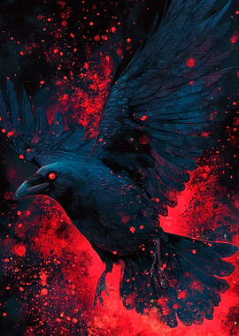 Raven in Flight with Red Accents