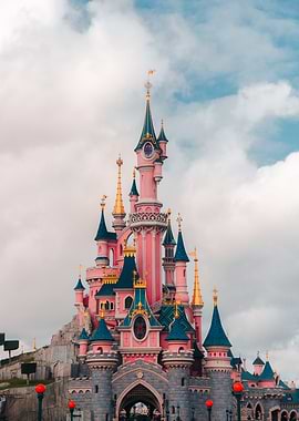 Pink Castle in Cloudy Sky