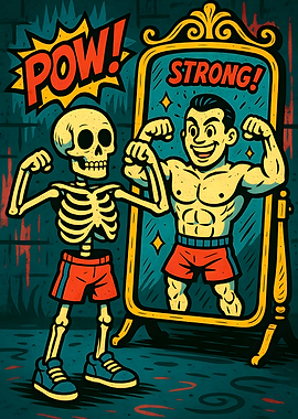 Skeleton Bodybuilder Mirror Reflection Cartoon