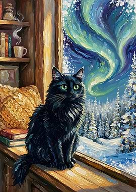 Black Cat by Window with Aurora