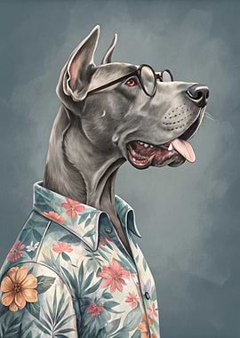 Dog in Hawaiian Shirt and Glasses