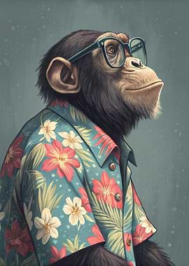 Chimpanzee in Hawaiian Shirt and Glasses