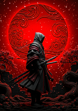 Hooded Samurai with Red Moon Backdrop