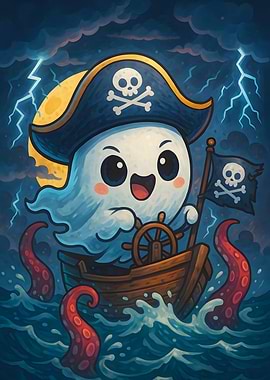 Cute Ghost Pirate on Stormy Seas