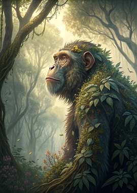 Chimpanzee in Forest, Covered in Plants