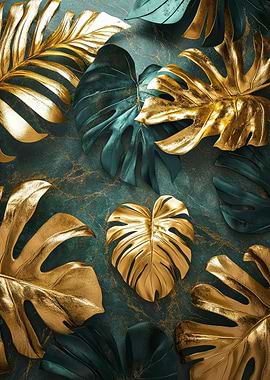 Golden and Teal Monstera Leaf Pattern