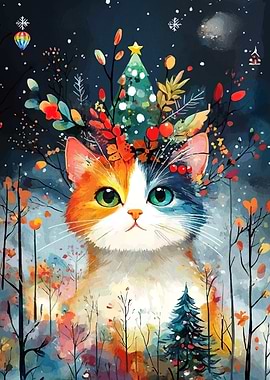 Festive Cat with Christmas Tree Crown