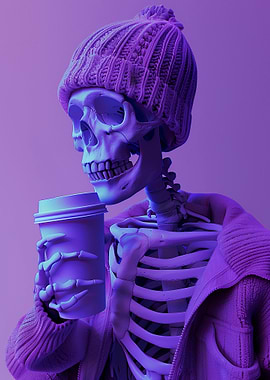 Skeleton with Beanie and Coffee Cup