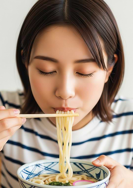 Japanese Woman Eating Udon Noodles with Chopsticks