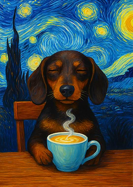 Dachshund with Coffee, Starry Night Style