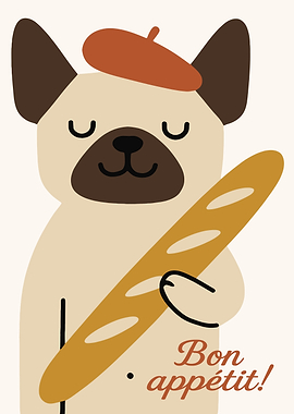 French Bulldog with Baguette and Beret