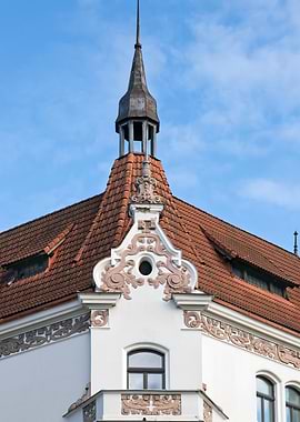 Ornate Building Corner with Spire. Elizabetes street 13, Riga, Latvia.