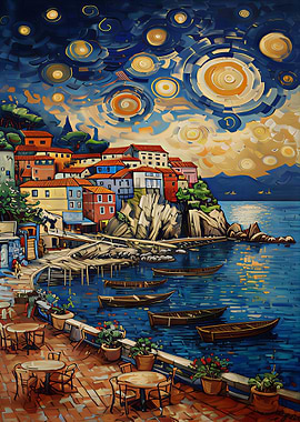 Coastal Village Painting with Starry Sky