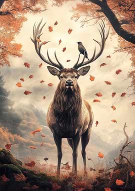 Majestic Deer with Bird in Autumn