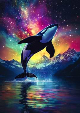 Orca Whale Leaping in Cosmic Waters