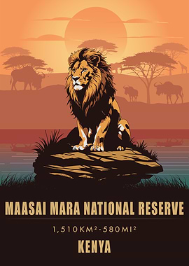 Vintage Maasai Mara National Reserve Poster, Kenya Safari, Lion Print