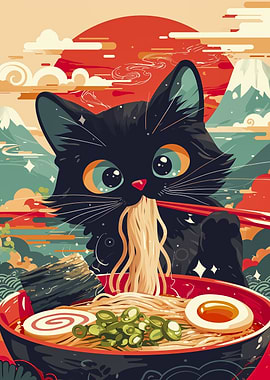 Black Cat Eating Ramen