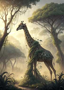 Giraffe in a misty forest