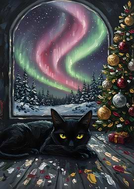 Black Cat Christmas Aurora Painting