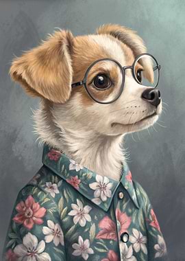 Dog with Glasses and Floral Shirt