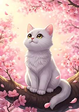 White Cat in Cherry Blossom Tree