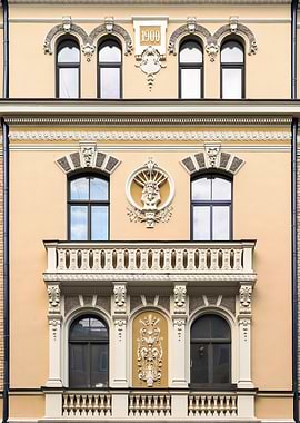 Art Nouveau Building Facade Detail. Vīlandes street 5, Riga, Latvia.