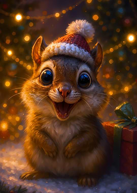 Excited Squirrel in Santa Hat with Twinkling Lights