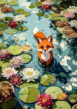 Fox in Lily Pond Illustration