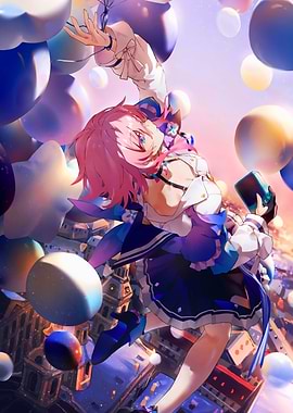 Girl with Balloons over City