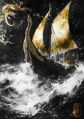 Dragon Ship Sailing Stormy Seas
