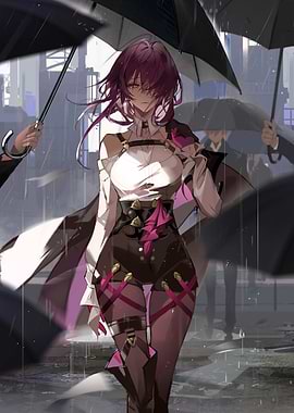 Girl in Rain with Umbrellas