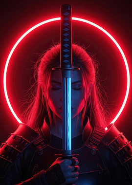Neon Samurai Woman with Katana
