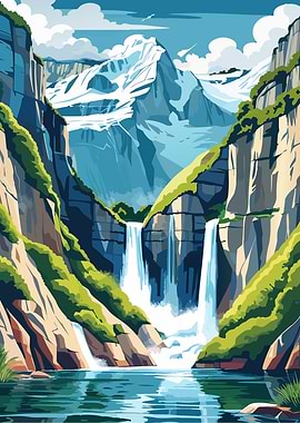 Mountain Waterfall Landscape Illustration