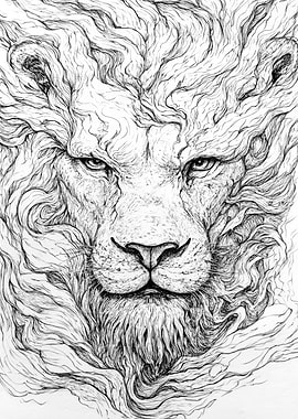 Lion head detailed ink drawing