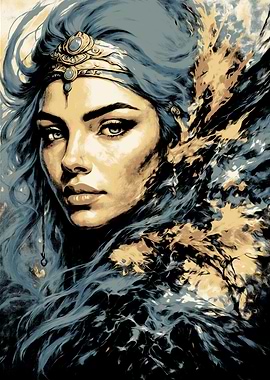 Blue-haired Woman Portrait with Gold Accents