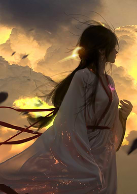 Woman in Kimono Against Golden Sky