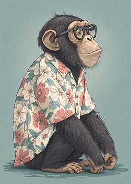 Chimpanzee in Hawaiian Shirt and Glasses