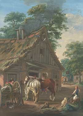 Two farm horses in front of an inn under trees