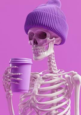 Skeleton with Beanie and Coffee Cup