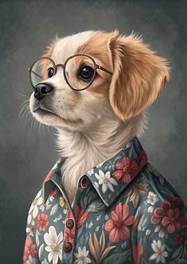 Dog with Glasses and Floral Shirt