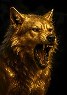 Golden Wolf Snarling Portrait
