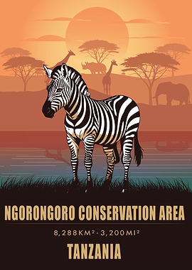 Vintage Ngorongoro National Park Poster , Tanzania , Safari Wildlife