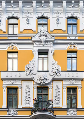 Ornate Building Facade with Balcony. Vīlandes street 11, Riga, Latvia.